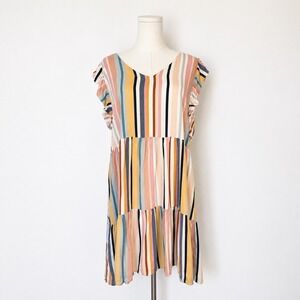 Chances R XL Pastel‎ Rainbow Stripe Tiered Ruffle Sleeve Swing Dress Cottagecore